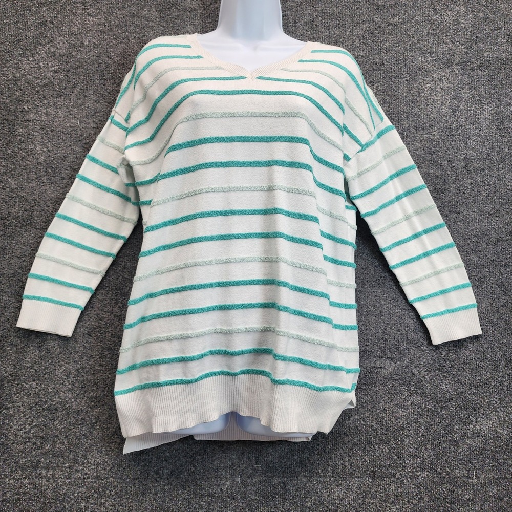 Talbots Womens Striped Textured Cotton Blend V-Neck Coastal Preppy Sweater M